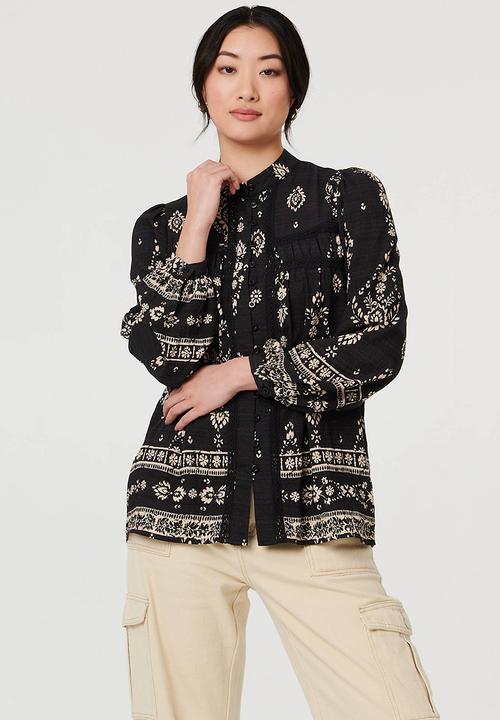 MANDI - L/S Buttton Through Gypsey Blouse With Discharge Print - Black