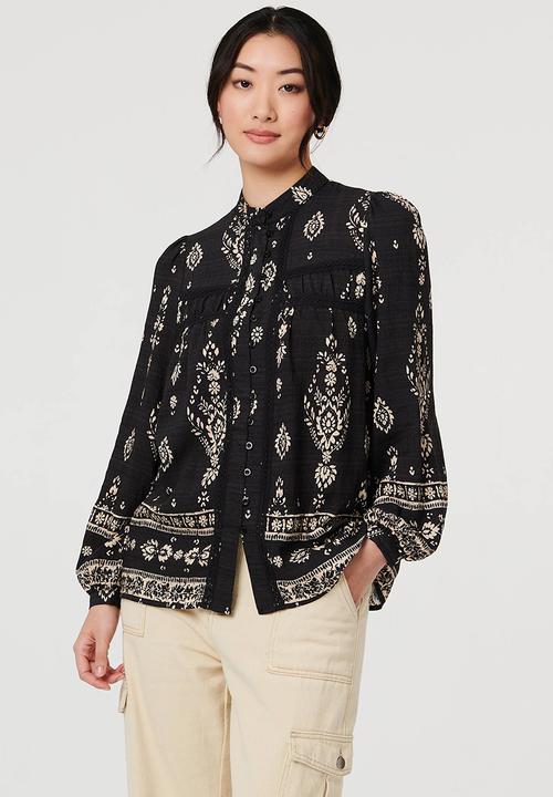 MANDI - L/S Buttton Through Gypsey Blouse With Discharge Print - Black