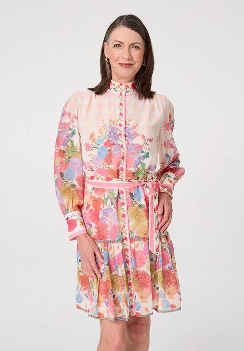 MANDI - L/S High Neck Sheer Crepe Printed Midi Dress With Belt - Orange