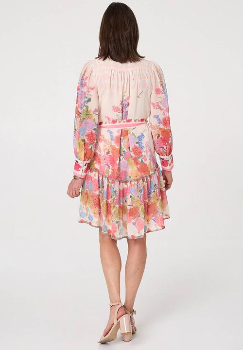 MANDI - L/S High Neck Sheer Crepe Printed Midi Dress With Belt - Orange