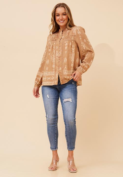 MANDI - L/S Button Through Gypsey Blouse With Discharge Print - Beige