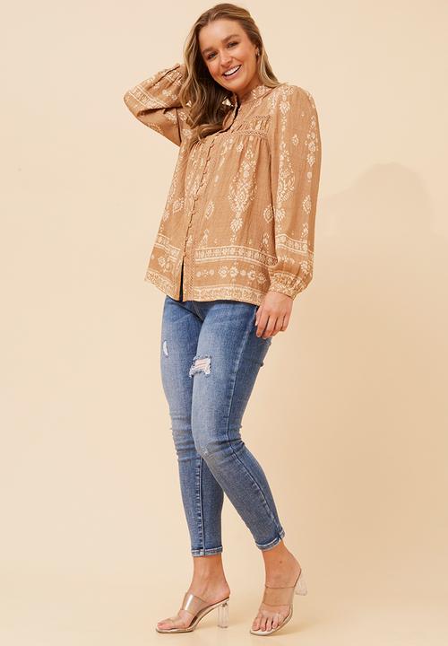 MANDI - L/S Button Through Gypsey Blouse With Discharge Print - Beige