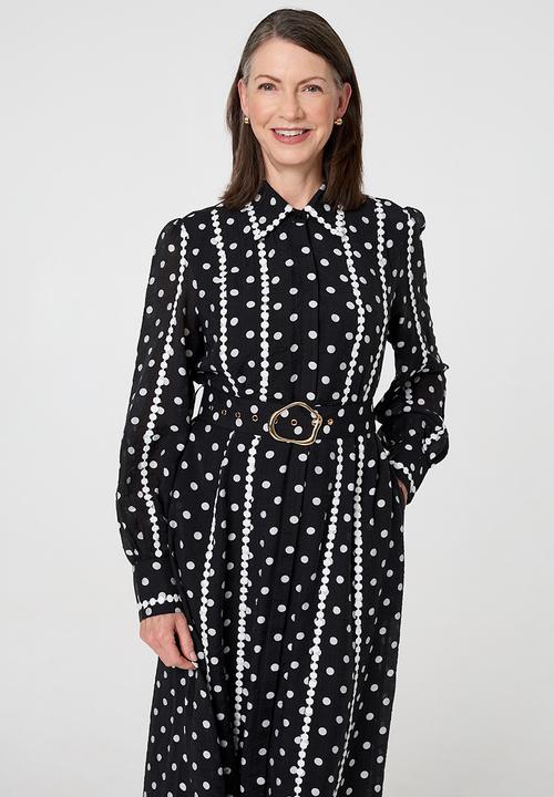 Long Sleeve Button Through Maxi Polka Dot - Multi Black
