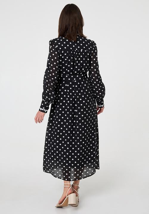 Long Sleeve Button Through Maxi Polka Dot - Multi Black