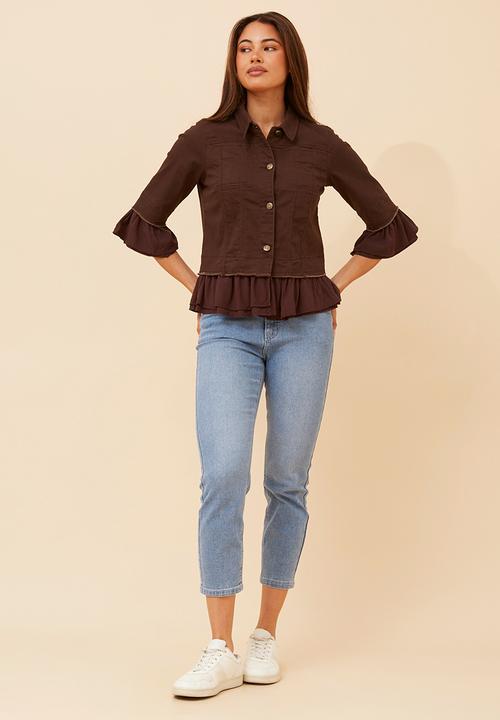 Stella Morgan - Half Sleeve With Frill Button Through Frill Jacket - Chocolate