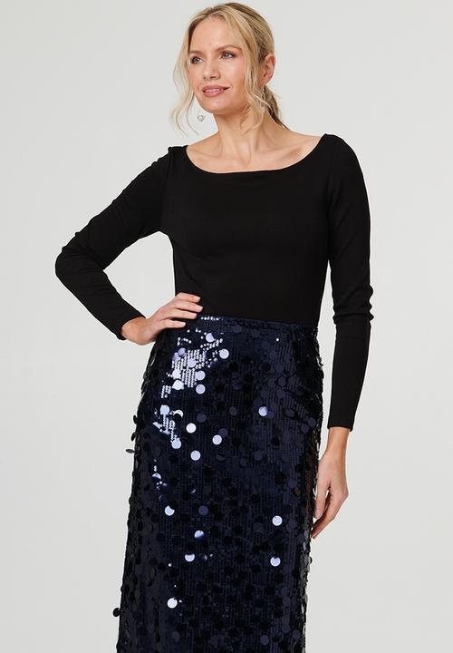Stella Morgan - High Waist A-Line Sequin Maxi Skirt - Navy