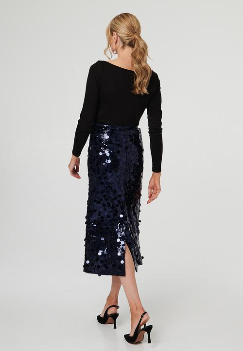 Stella Morgan - High Waist A-Line Sequin Maxi Skirt - Navy