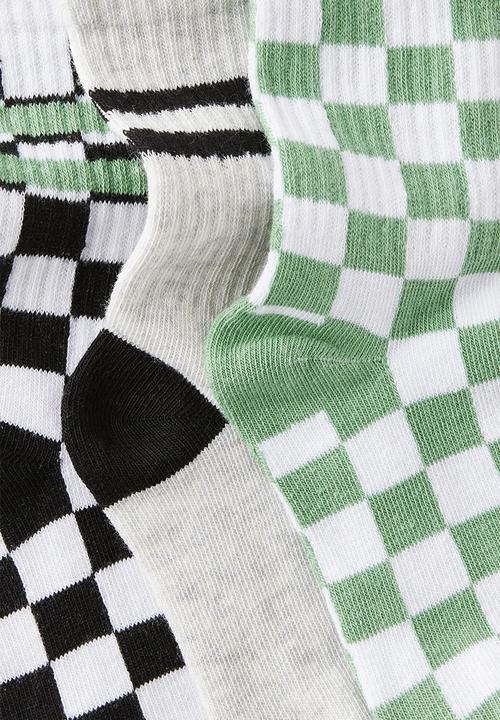 Cotton On - 3Pk Crew Socks - Gumnut Green/Phantom Checks 1