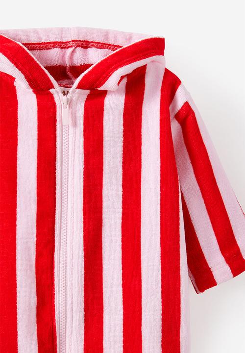Cotton On - Baby Zip Through Hooded Towel -Tea Party Pink/Varsity Red Bold Stripe