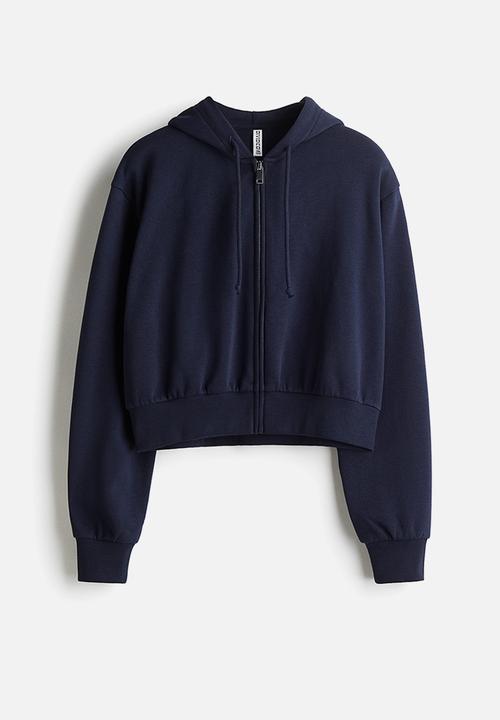 Cropped zip-through hoodie - navy blue - 1292680003
