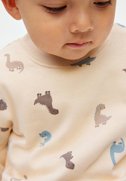 H&M - 2-piece printed brushed-inside sweatshirt set - light beige dinosaurs