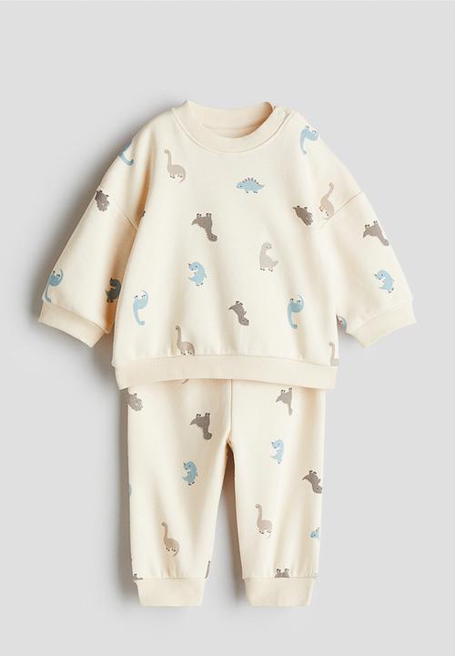 H&M - 2-piece printed brushed-inside sweatshirt set - light beige dinosaurs