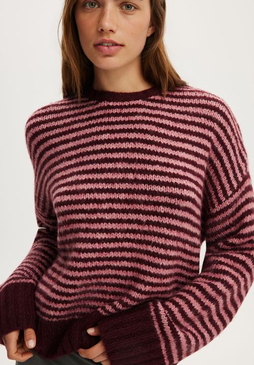 Cotton On - Luxe crew sweater - lofty pink berry burgundy stripe