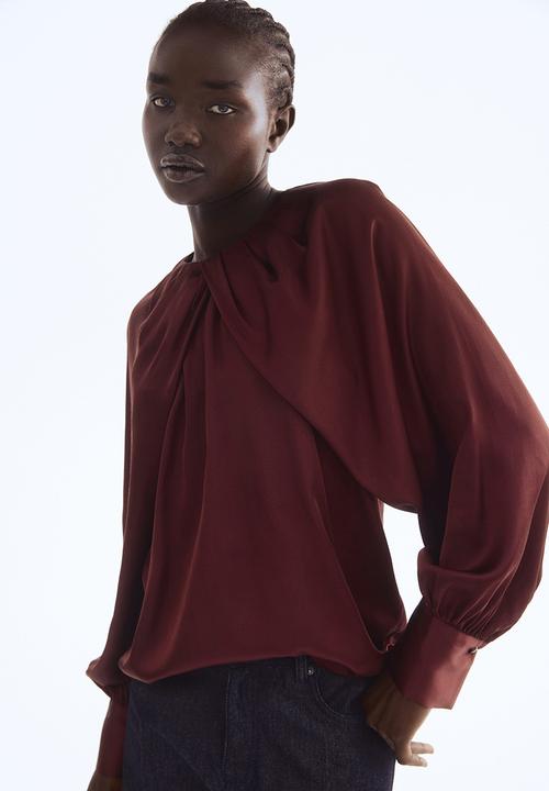 H&M - Balloon-sleeved satin blouse - burgundy