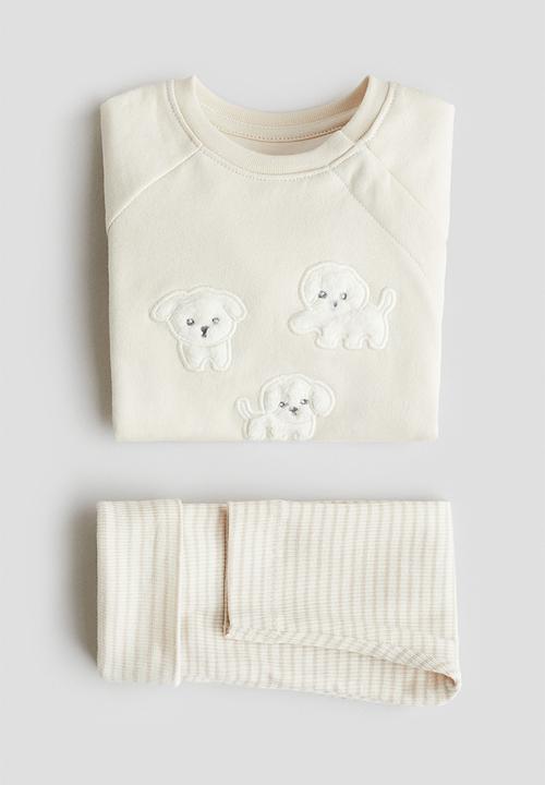 H&M - 2-piece cotton set - cream/puppies 