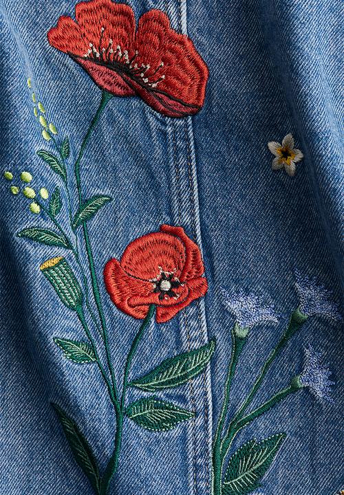 H&M - Embroidered denim jacket - denim blue flowers