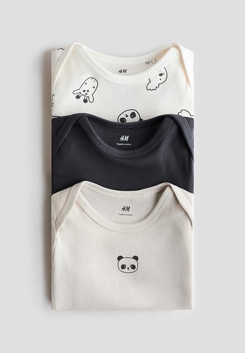H&M - 3-pack cotton envelope-neck bodysuits - light beige/pandas