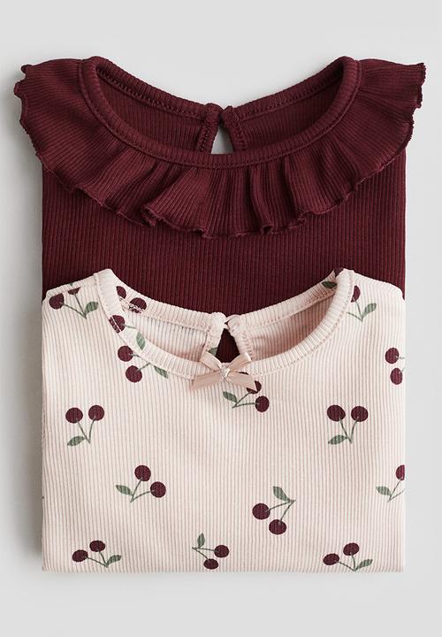 H&M - 2-pack ribbed jersey tops - light pink cherries