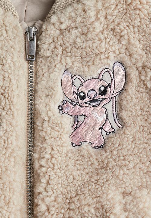 H&M - Appliquéd teddy bomber jacket - light beige/lilo & stitch 