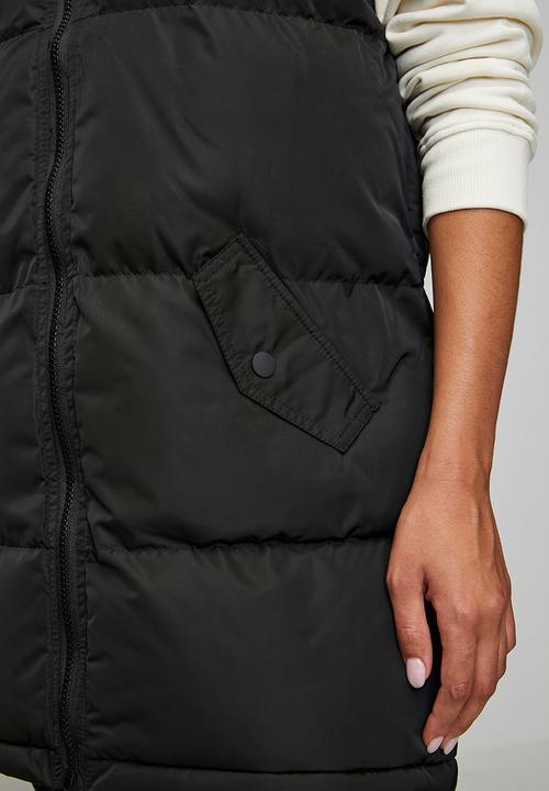 Brave Soul - Ladies Padded Longer Length Gilet With Fixed Hood - Black