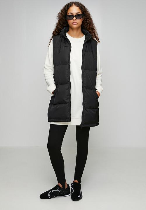 Brave Soul - Ladies Padded Longer Length Gilet With Fixed Hood - Black