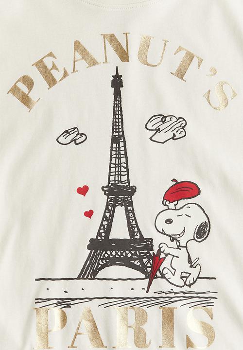H&M - Loose-fit printed cotton T-shirt - cream/snoopy 