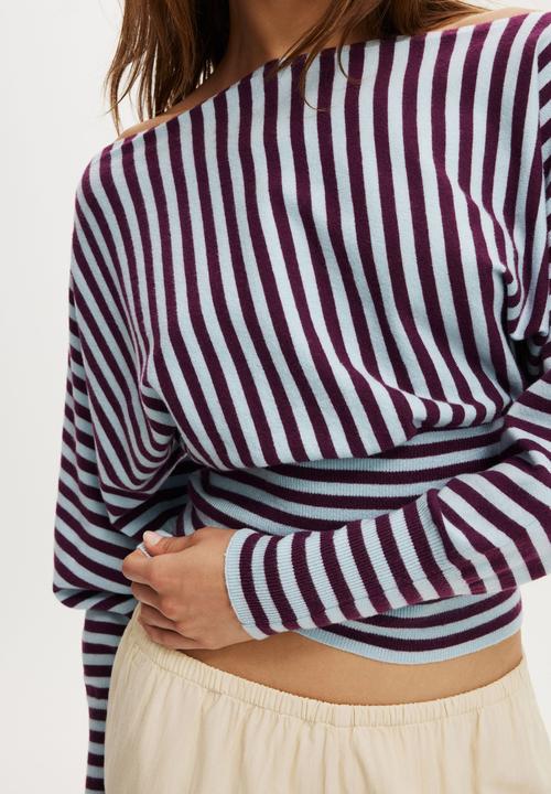 Cotton On - Everfine ls batwing knit - Iced Marine Plum Stripe