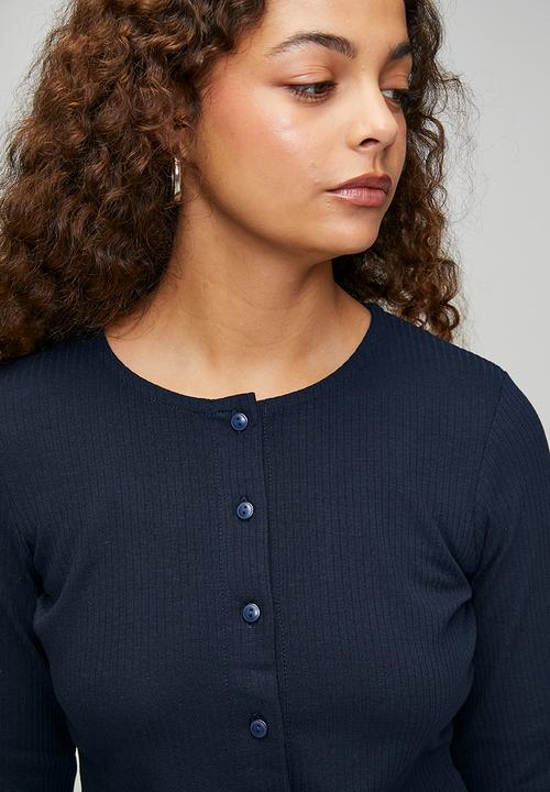 Brave Soul - Ladies Ribbed Button Down Long Sleeve Top - Navy