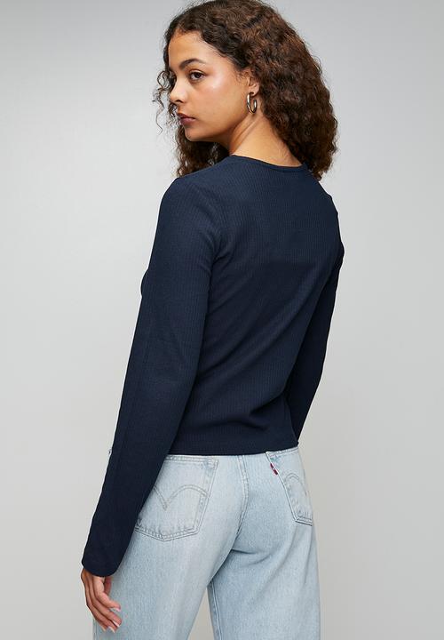 Brave Soul - Ladies Ribbed Button Down Long Sleeve Top - Navy