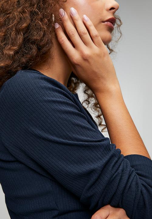Brave Soul - Ladies Ribbed Button Down Long Sleeve Top - Navy