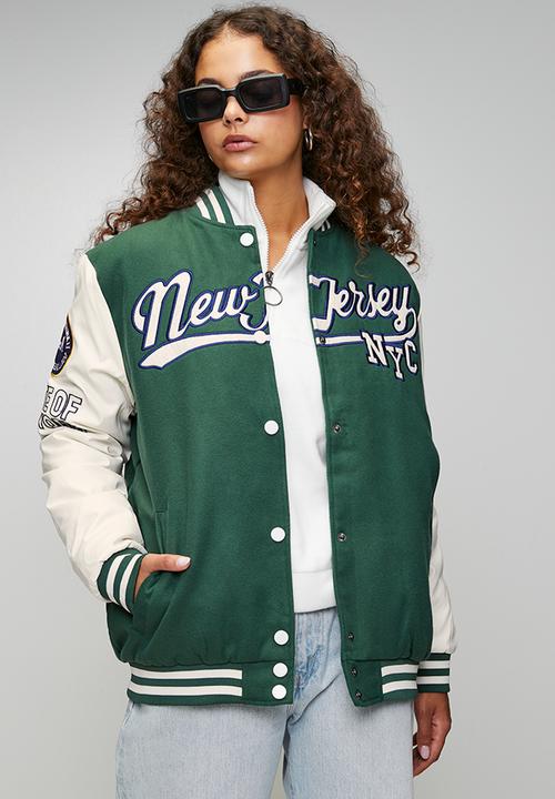 Ladies Over Sized Varsity Jacket - Green / White / Green& White
