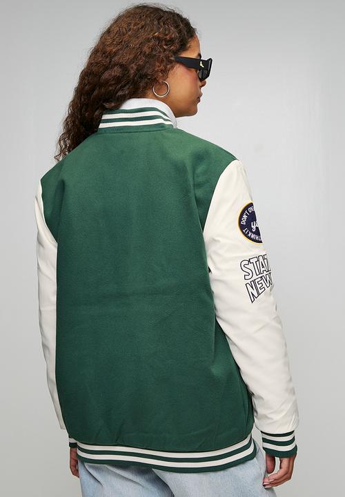 Brave Soul - Ladies Over Sized Varsity Jacket - Green / White / Green& White