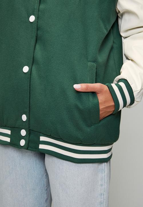 Brave Soul - Ladies Over Sized Varsity Jacket - Green / White / Green& White