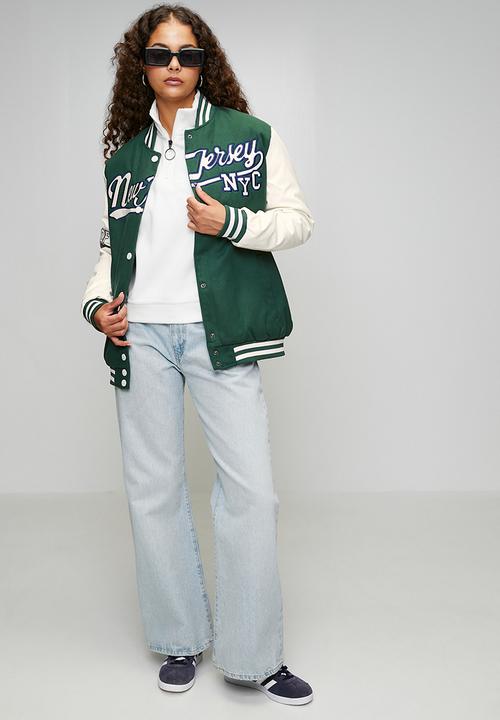 Brave Soul - Ladies Over Sized Varsity Jacket - Green / White / Green& White