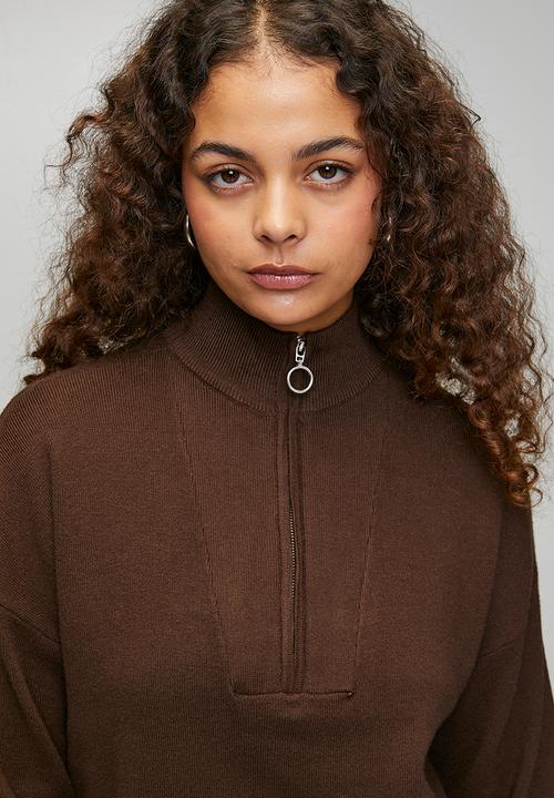 Brave Soul - Ladies Knitted Jumper With Collared Zip - Chocolate
