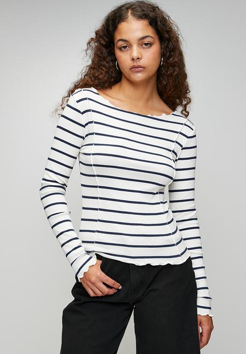 Ladies Long Sleeve Stripe T-Shirt - Cream/Navy