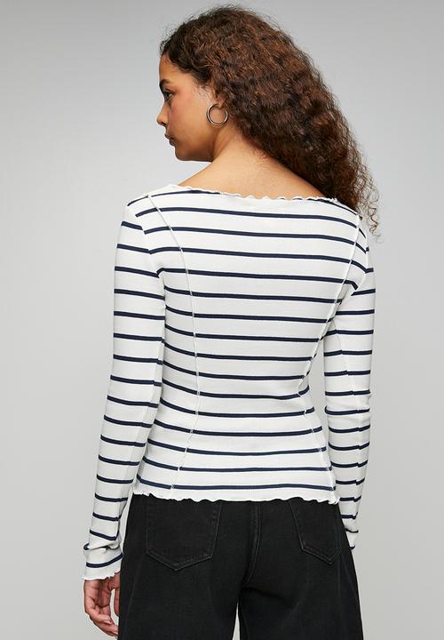 Brave Soul - Ladies Long Sleeve Stripe T-Shirt - Cream/Navy