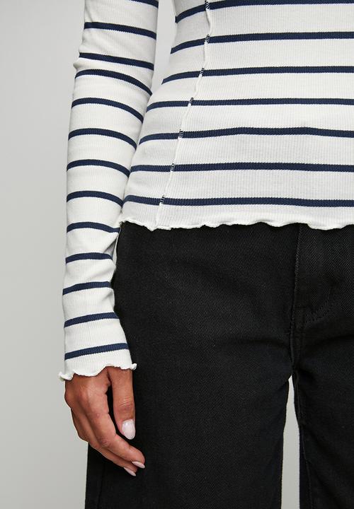Brave Soul - Ladies Long Sleeve Stripe T-Shirt - Cream/Navy