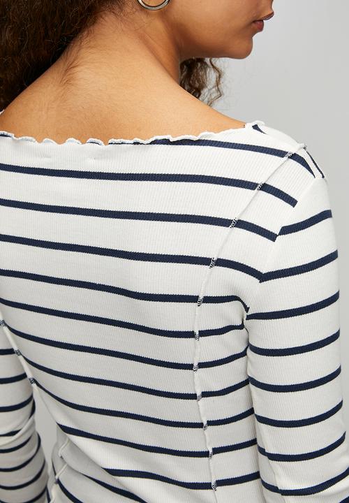 Brave Soul - Ladies Long Sleeve Stripe T-Shirt - Cream/Navy
