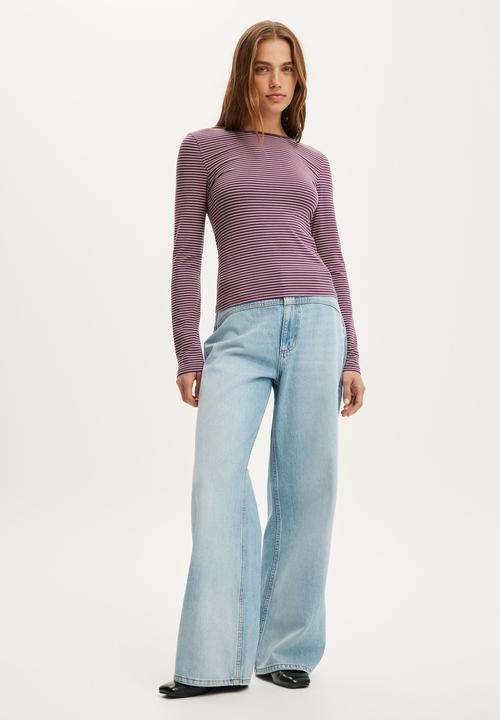 Cotton On - Everyday Smooth Long Sleeve - Lisa Stripe Velvet Currant