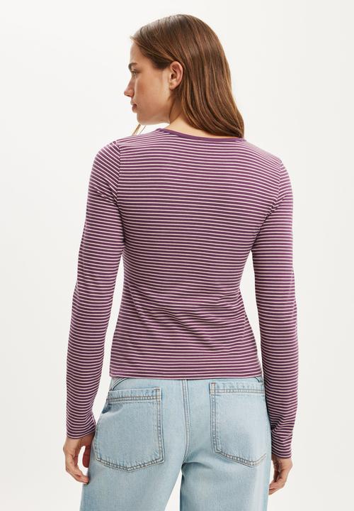 Cotton On - Everyday Smooth Long Sleeve - Lisa Stripe Velvet Currant