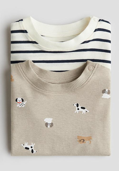 H&M - 2-Pack long-sleeved cotton T-shirts - light beige/dogs