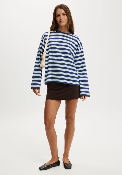 Cotton On - Boxy Long Sleeve Tee - Hallie Stripe Oxford Blue/Serene Blue