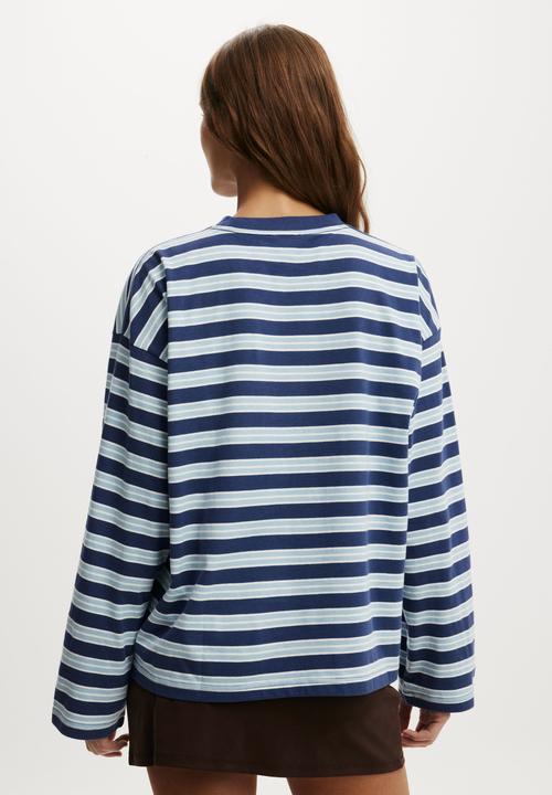 Cotton On - Boxy Long Sleeve Tee - Hallie Stripe Oxford Blue/Serene Blue