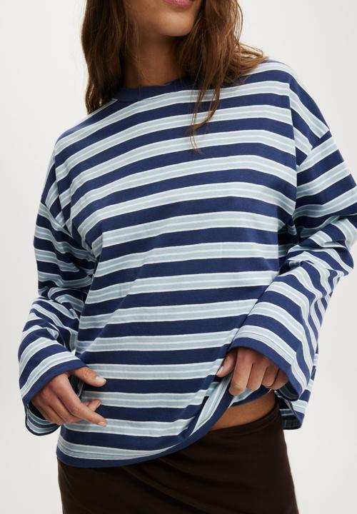 Cotton On - Boxy Long Sleeve Tee - Hallie Stripe Oxford Blue/Serene Blue