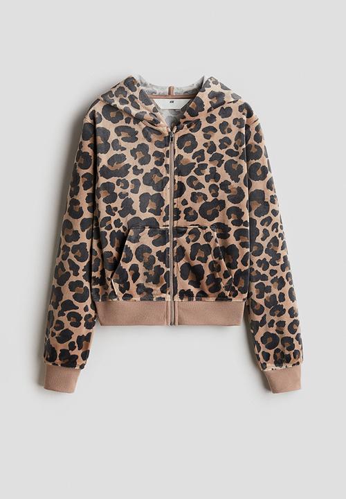 Velour zip-through hoodie - beige/leopard print - 1301306002