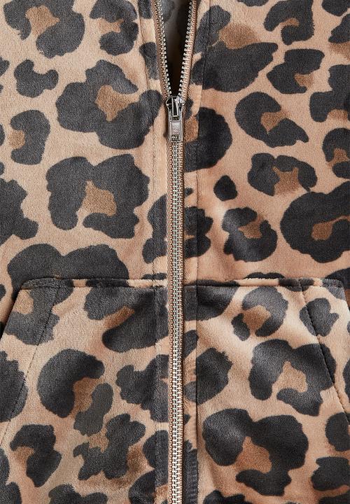 H&M - Velour zip-through hoodie - beige/leopard print