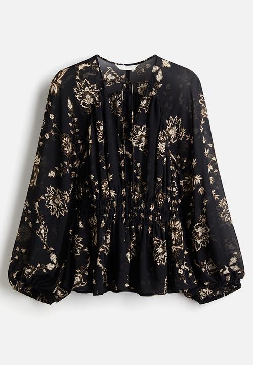 H&M - Smocked blouse - black patterned