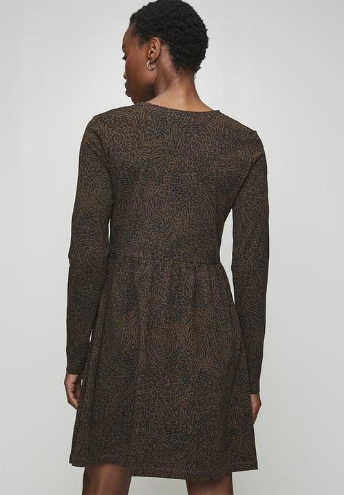 Brave Soul - Ladies Long Sleeve Smock Mini Dress - Black/Brown