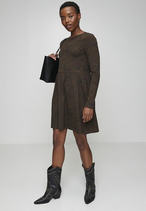 Brave Soul - Ladies Long Sleeve Smock Mini Dress - Black/Brown
